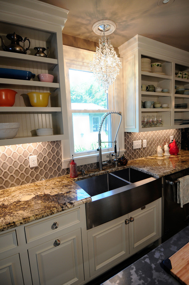 Mid-sized country galley eat-in kitchen in Minneapolis with a farmhouse sink, raised-panel cabinets, white cabinets, granite benchtops, grey splashback, stainless steel appliances, ceramic floors and no island.