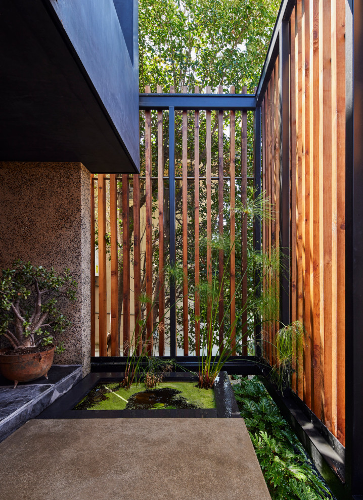 Ispirazione per un laghetto da giardino moderno esposto a mezz'ombra di medie dimensioni e davanti casa con pavimentazioni in cemento e recinzione in legno