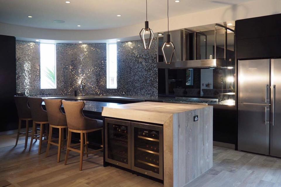 Large contemporary single-wall seated home bar in Adelaide with a drop-in sink, beige cabinets, tile benchtops, grey splashback, mosaic tile splashback and ceramic floors.