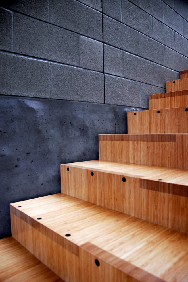 Foto de escalera recta minimalista grande con escalones de madera, contrahuellas de madera y barandilla de madera