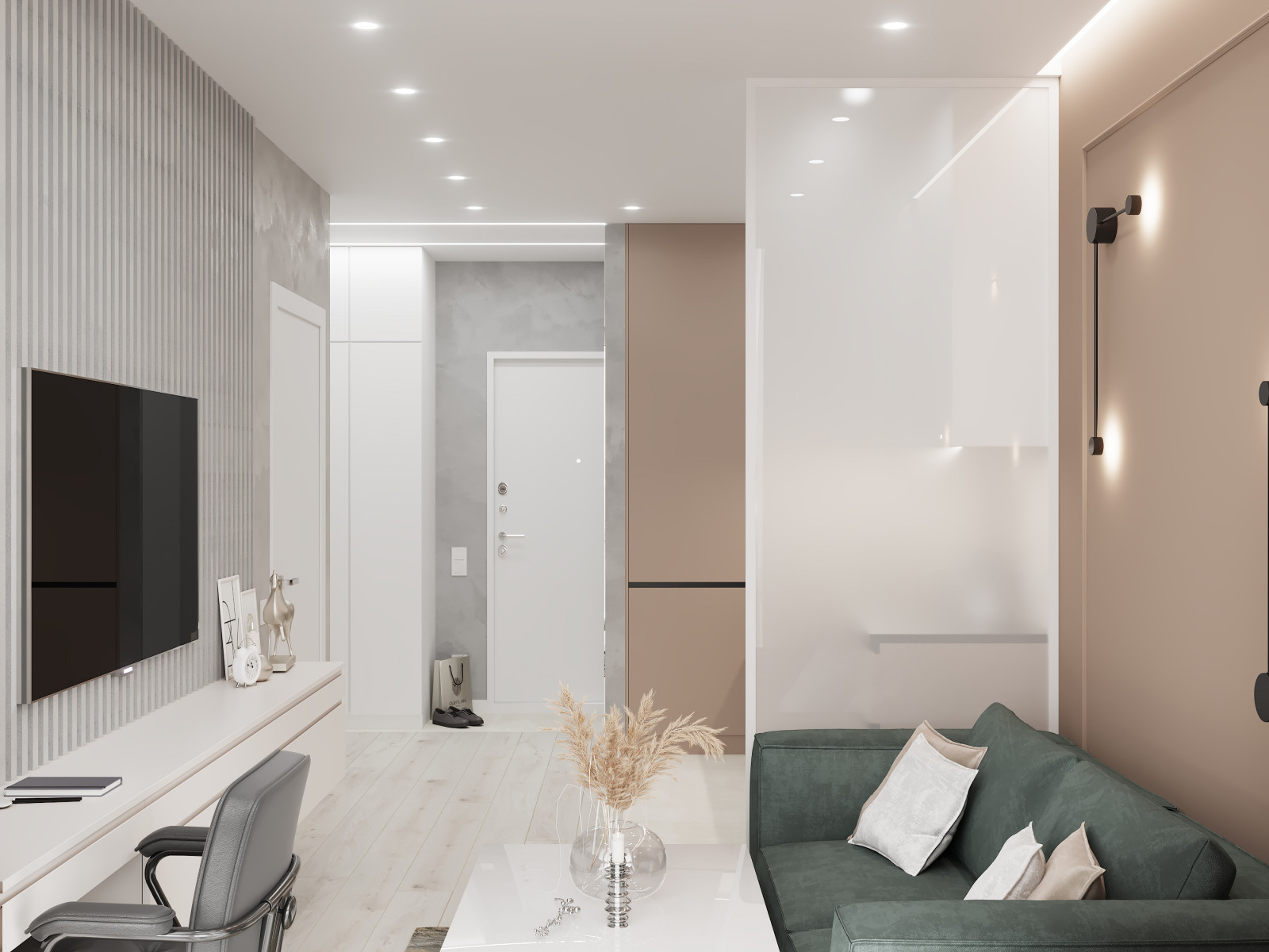 Современная квартира-студия в пастельных тонах