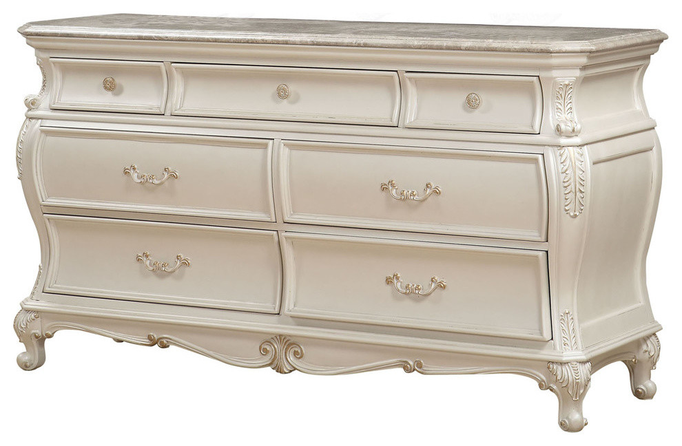 Chantelle Dresser With Granite Top, Pearl White Victorian Dressers