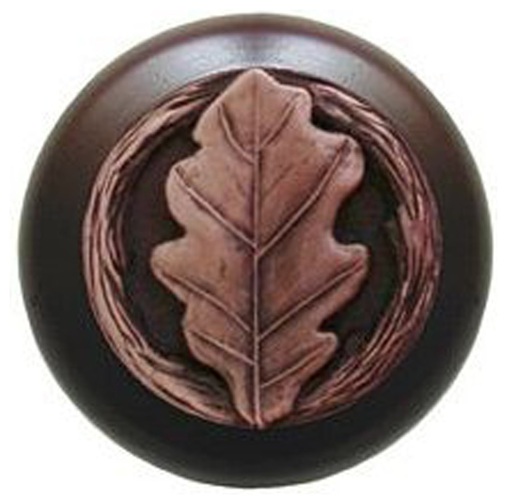 Notting Hill Oak Leaf/Dark Walnut Wood Knob, Antique Copper, Dimensions: 1-1/2"