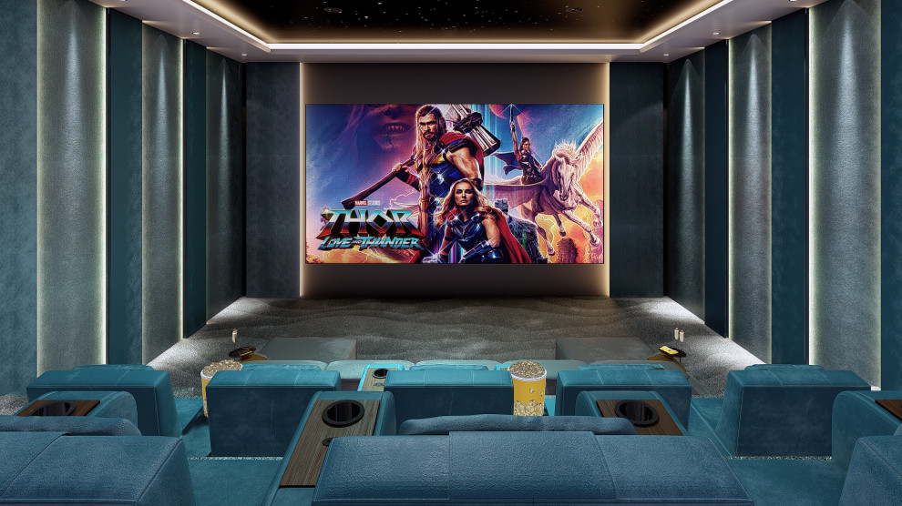This is an example of an expansive contemporary home theatre in Other.