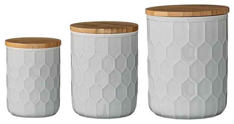 Ceramic Jars With Bamboo Lids, White, 3-Piece Set