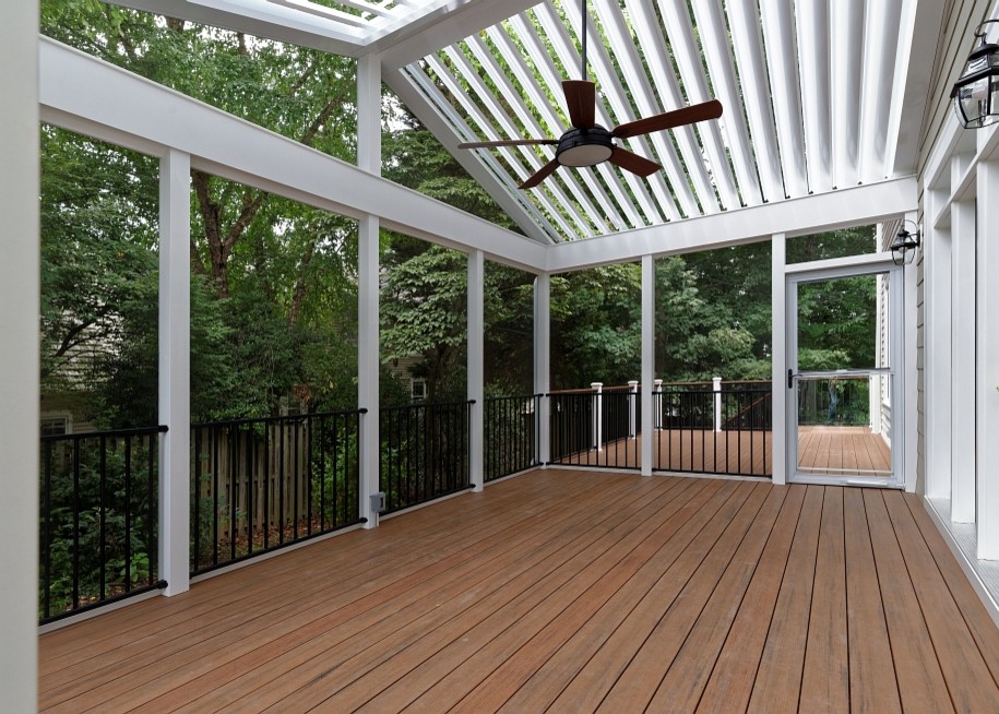 Inspiration for a large arts and crafts backyard verandah in DC Metro with a pergola and decking.