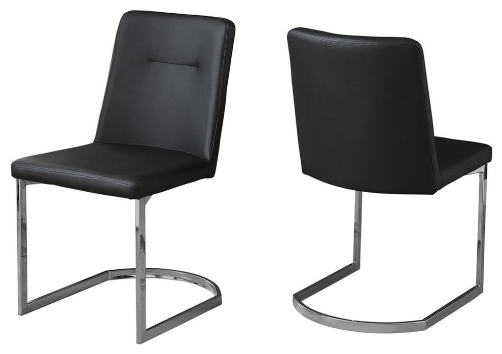 Dining Chair, Set of 2, 34" Height, Black Leather-Look, Chrome