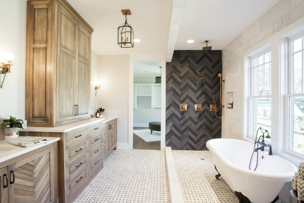 Transitional master bathroom in Nashville with shaker cabinets, medium wood cabinets, a claw-foot tub, an open shower, black and white tile, gray tile, white tile, beige walls, mosaic tile floors, beige floor and an open shower.