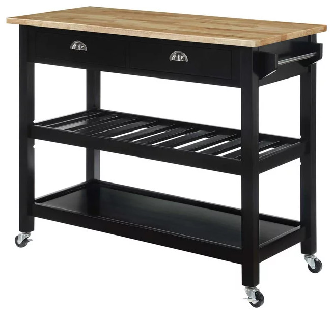 Classic Kitchen Cart, Butcher Block Top & Drawers With Curved Pulls Traditional Kitchen