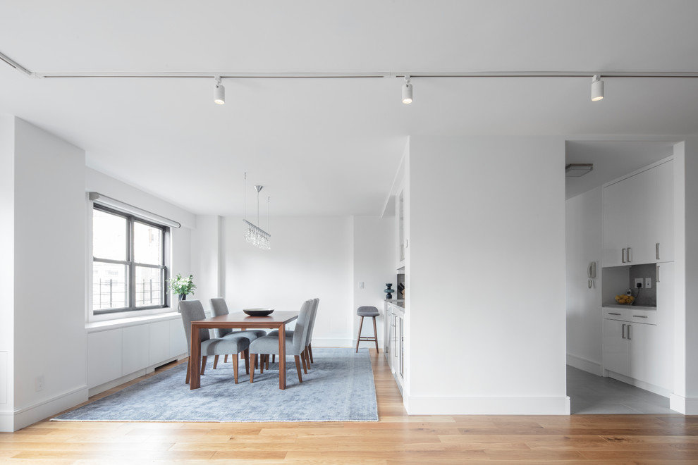 This is an example of a mid-sized contemporary kitchen/dining combo in New York with white walls and light hardwood floors.