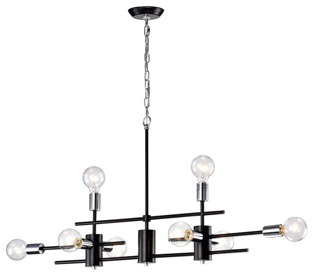 Chrome Exposed Bulb Linear Chandelier, Black Linear Chandelier With Shades