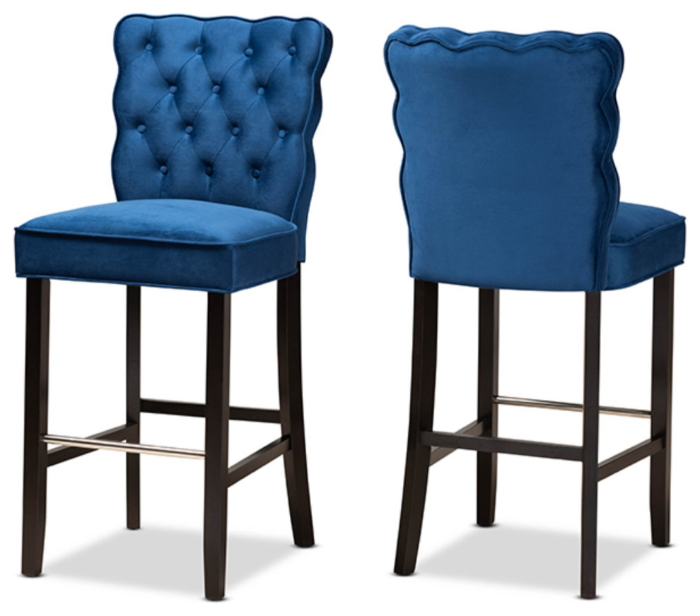 Navy Blue Velvet Fabric and Dark Brown Finished Wood Bar Stools, Set of 2