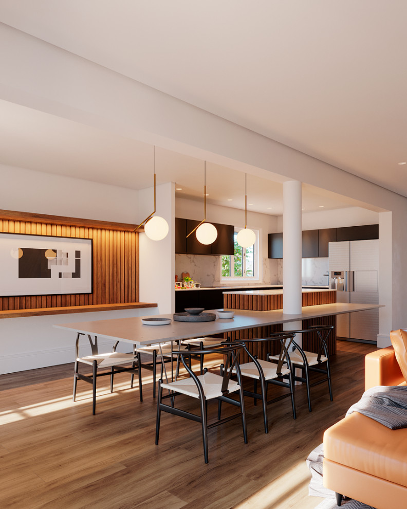 Стильный дизайн: гостиная-столовая среднего размера в стиле ретро с белыми стенами, полом из ламината и коричневым полом - последний тренд
