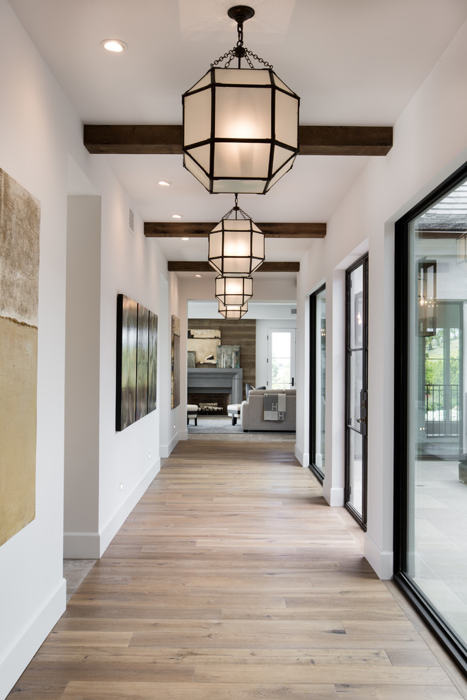 Photo of an expansive transitional hallway in Orange County with white walls and light hardwood floors.