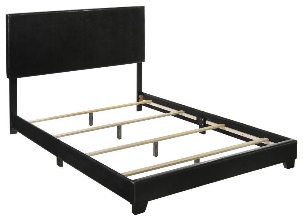 Transitional Bed Frame, Neutral Black Faux Leather Upholstery