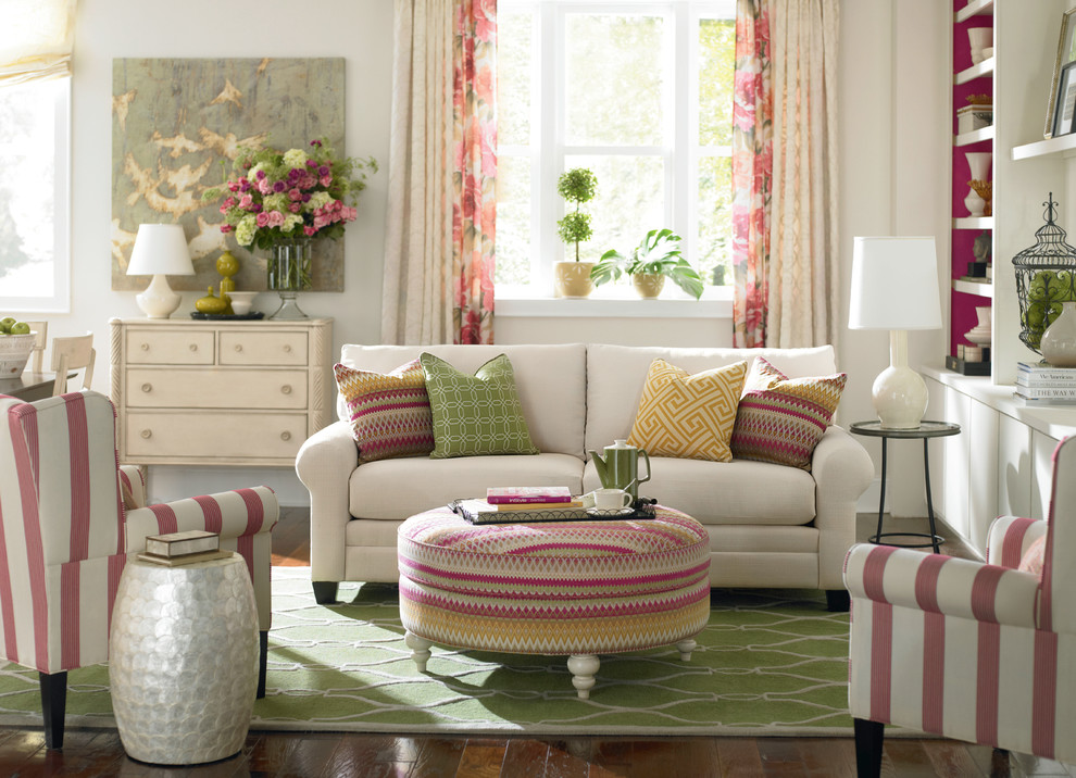 Inspiration for a transitional dark wood floor living room remodel in Other with white walls