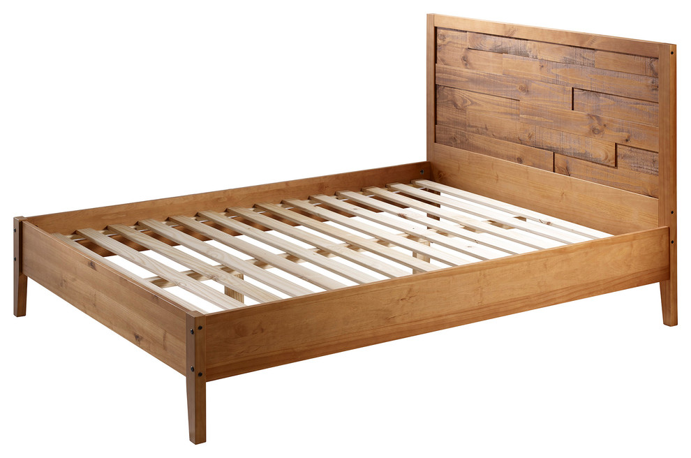 Transitional Plank Distressed Solid Pine Wood Queen Bed Transitional