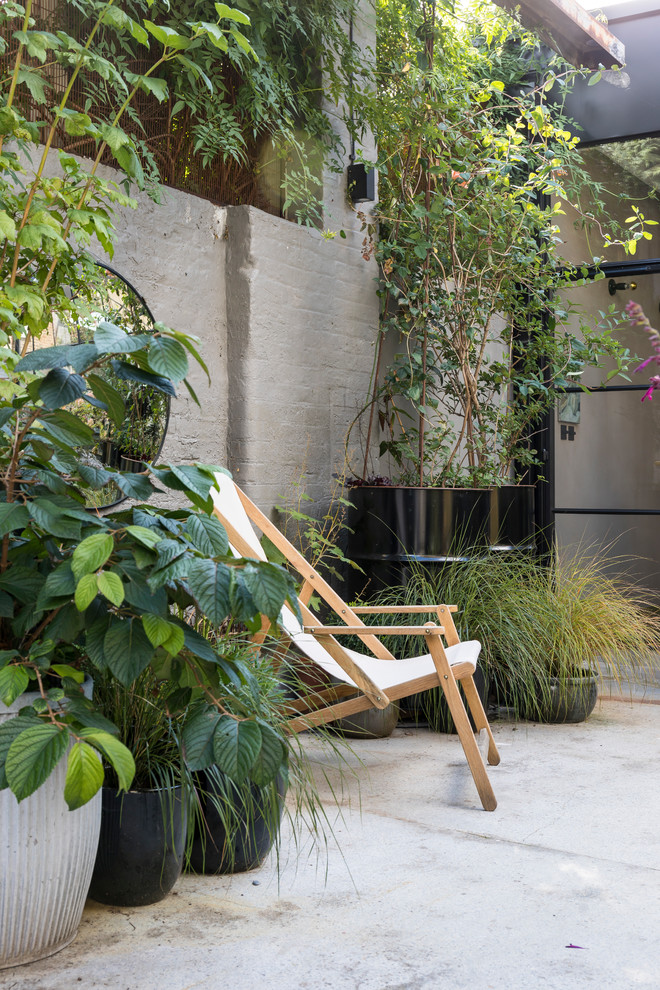 This is an example of an industrial courtyard partial sun garden in London with a garden path.