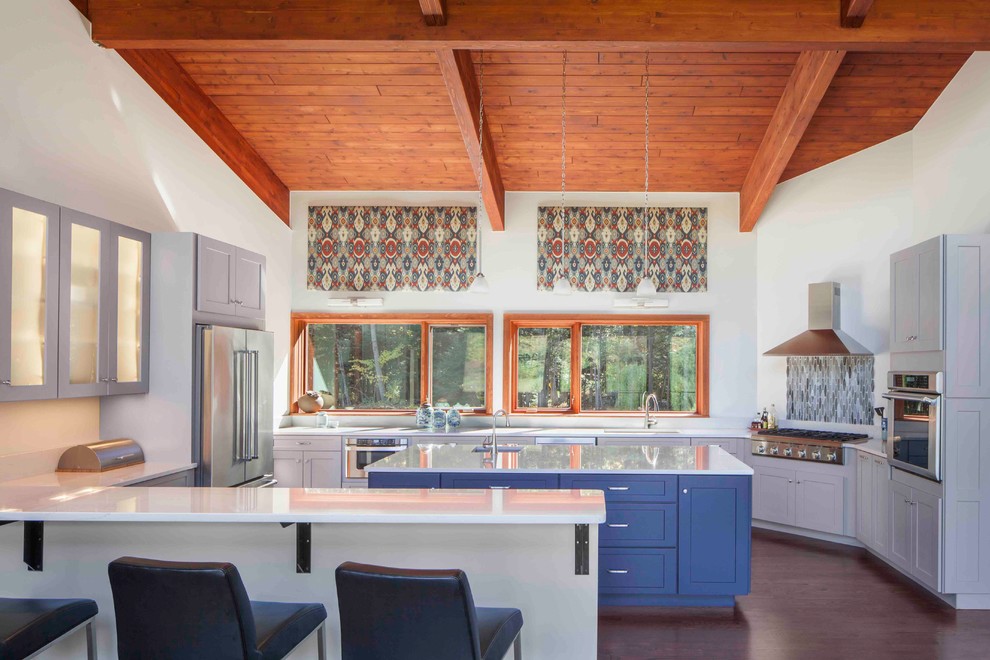 Kitchen - huge rustic dark wood floor and brown floor kitchen idea in Boston with an undermount sink, multicolored backsplash, stainless steel appliances, shaker cabinets and blue cabinets