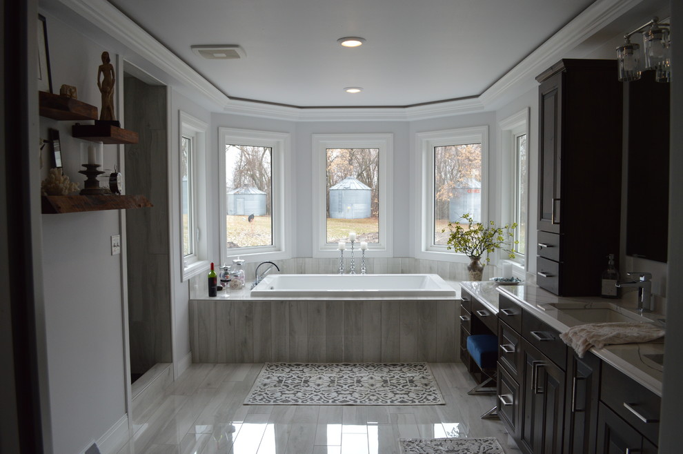 Inspiration for a large transitional master gray tile and porcelain tile porcelain tile and gray floor open shower remodel