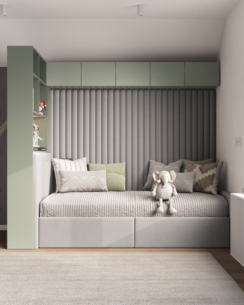 Design ideas for a mid-sized kids' bedroom for kids 4-10 years old and boys in London with beige floor.