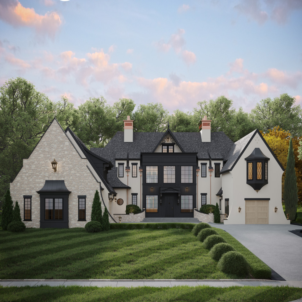 Idee per la villa grande beige a tre piani con rivestimento in stucco, tetto a capanna, copertura a scandole e tetto grigio