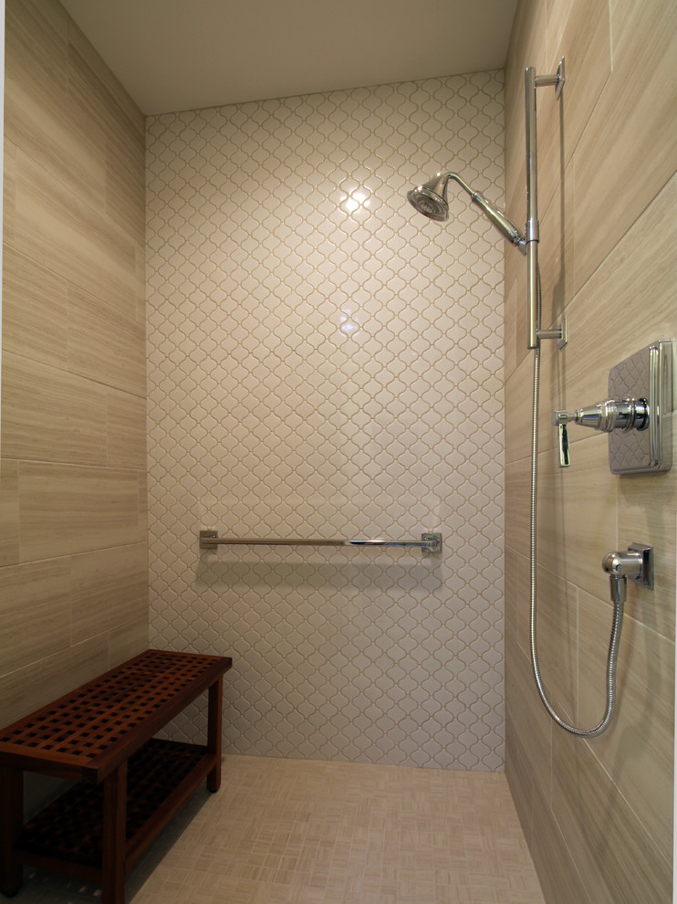 Example of a mountain style gray tile and porcelain tile porcelain tile alcove shower design in Chicago with furniture-like cabinets, white cabinets, a one-piece toilet, beige walls, a vessel sink and quartz countertops