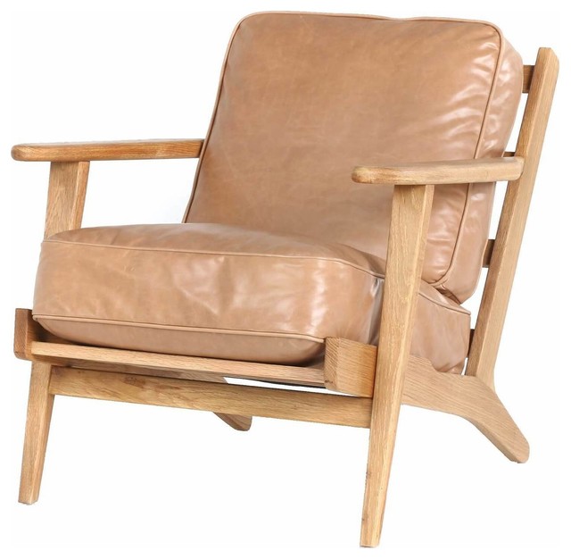Mid Century Modern Oak Brooks Tan, Oak Leather Chairs