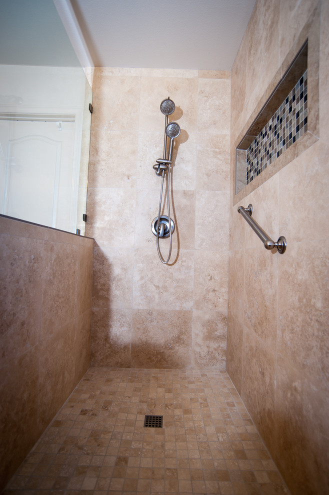 Inspiration for a mid-sized traditional master bathroom in San Diego with flat-panel cabinets, light wood cabinets, a one-piece toilet, beige tile, ceramic tile, brown walls, travertine floors, a drop-in sink, quartzite benchtops and a corner shower.