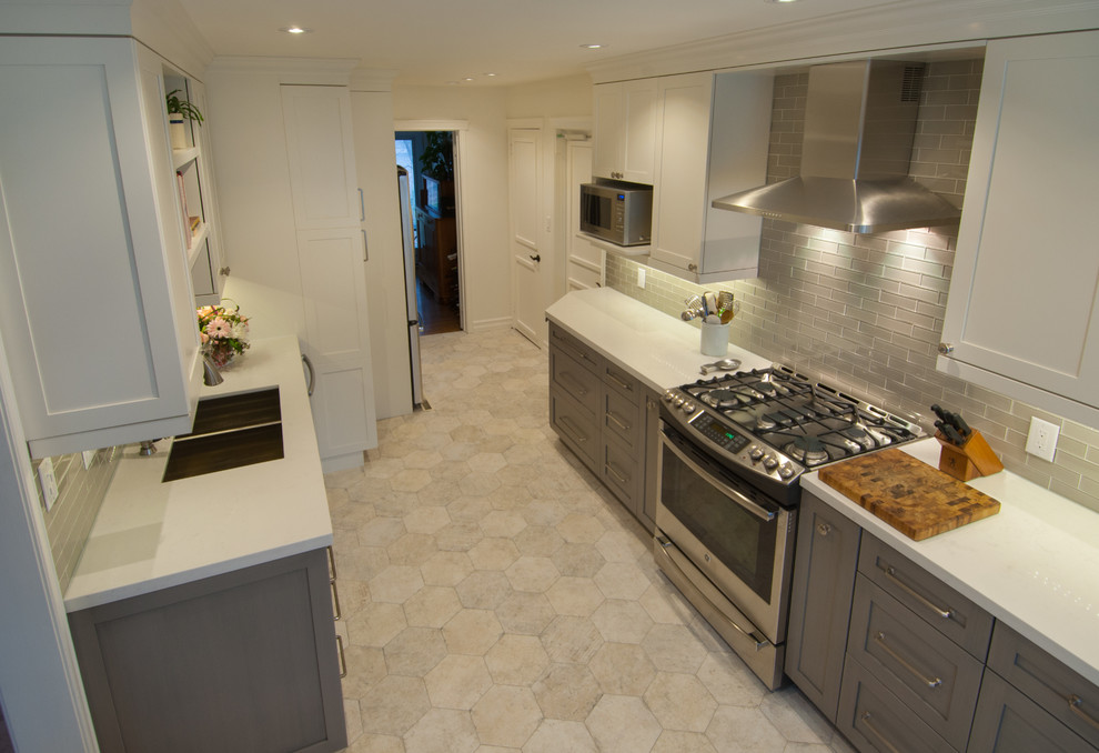 Inspiration for a mid-sized transitional galley ceramic tile enclosed kitchen remodel in Toronto with a double-bowl sink, shaker cabinets, white cabinets, quartzite countertops, gray backsplash, glass tile backsplash, stainless steel appliances and no island