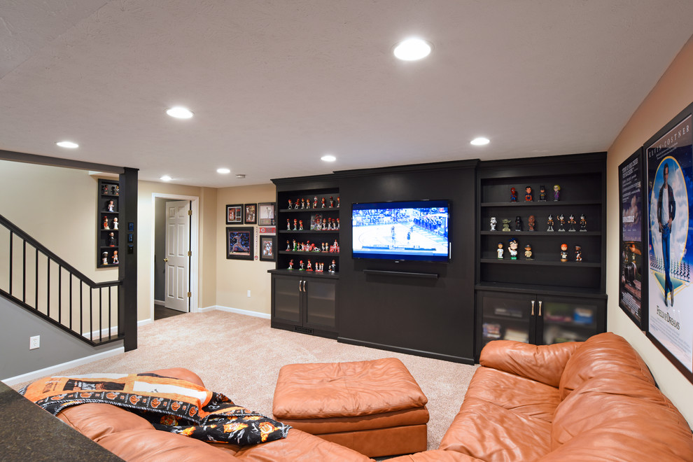 Inspiration for a large transitional porcelain tile and brown floor basement remodel