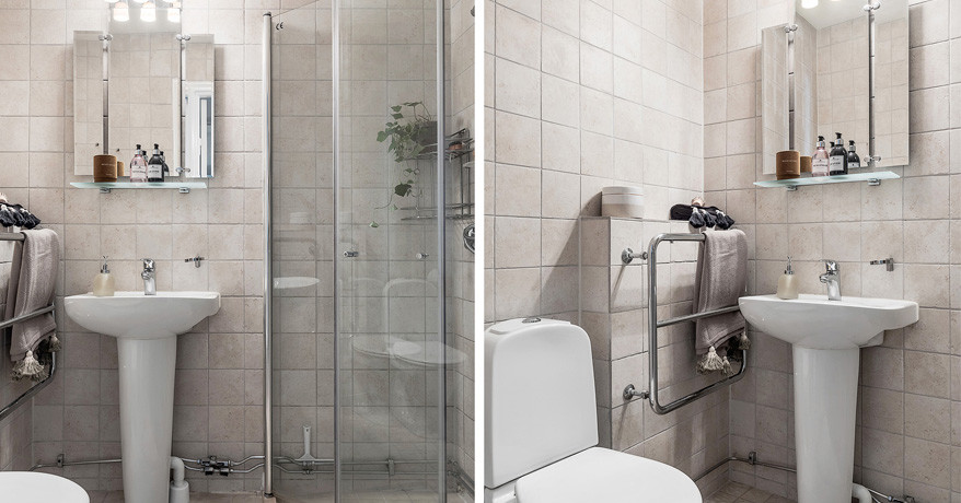 Exemple d'une petite salle de bain scandinave avec un carrelage beige, des carreaux de céramique, une vasque, un plan de toilette en carrelage et une cabine de douche à porte battante.
