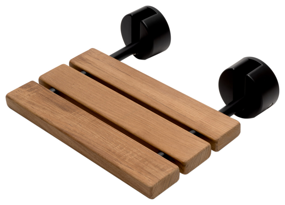 Black Matte Wide Foldable Teak Shower Seat Modern Shower Benches