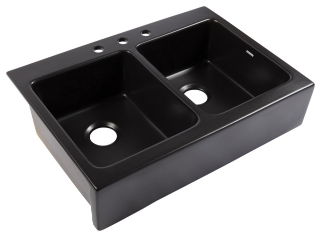 Parker Black Fireclay 34″ Double Bowl Quick-Fit Farmhouse Drop-in Kitchen Sink