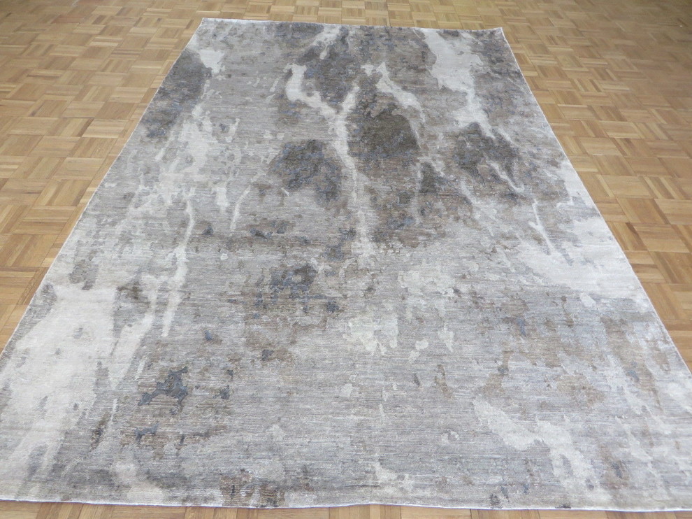 6 X 9'3 Handmade Blue Gray Abstract Oriental Rug With Silk