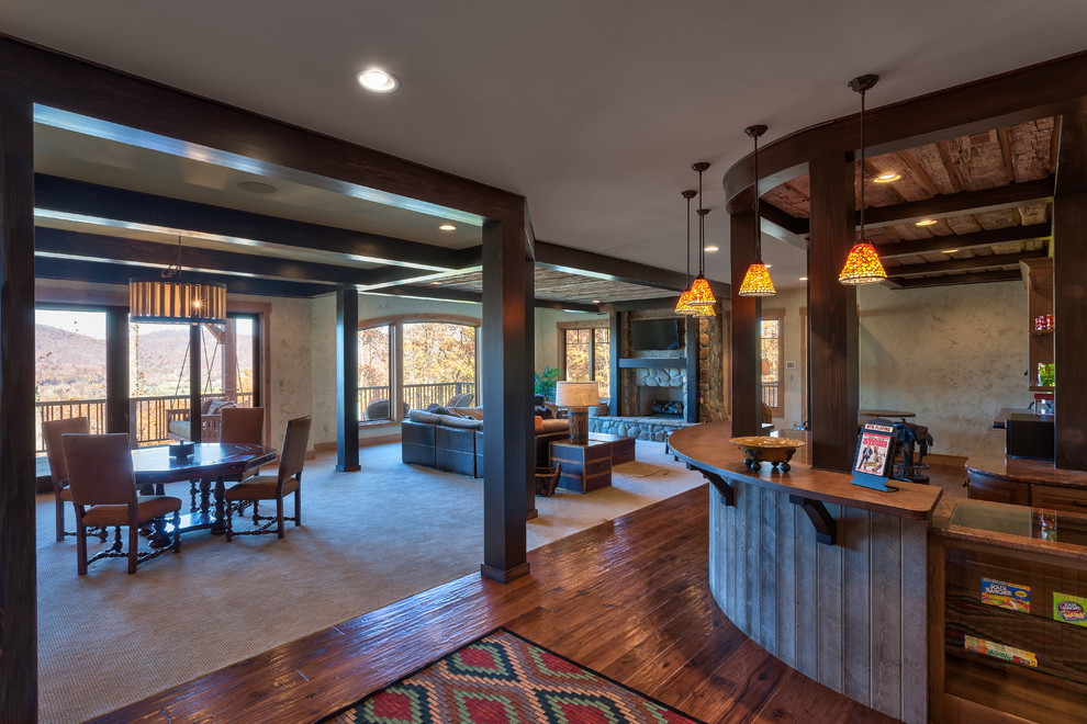 Design ideas for a country home bar in Other with dark hardwood floors and brown floor.