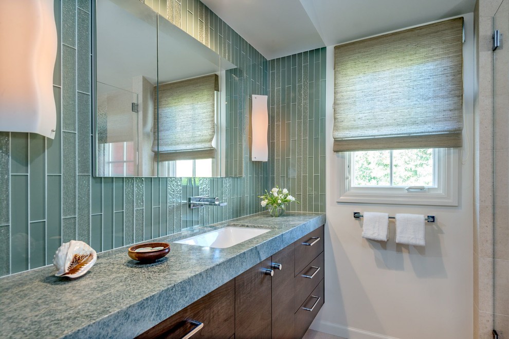 Mid-sized contemporary bathroom in San Francisco with flat-panel cabinets, medium wood cabinets, green tile, glass tile, white walls, an undermount sink, quartzite benchtops, beige floor and green benchtops.