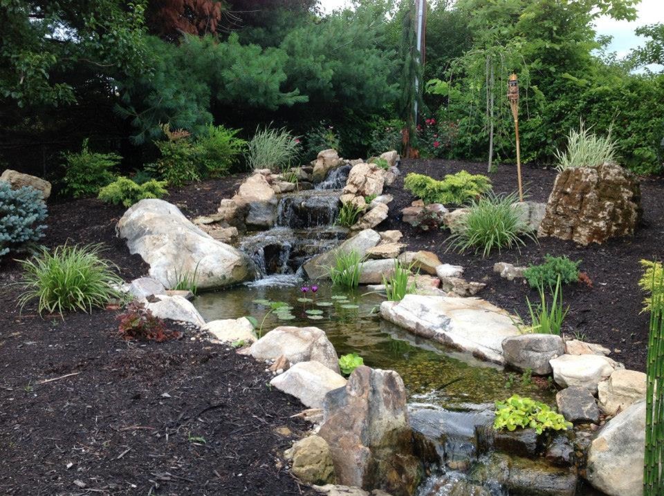 Inspiration for a mid-sized traditional backyard partial sun formal garden in Louisville with with pond and mulch.