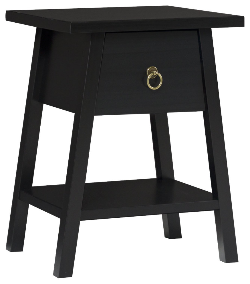 Modern Nightstand, Japandi Design With Slanted Base & Ring Gold Knob