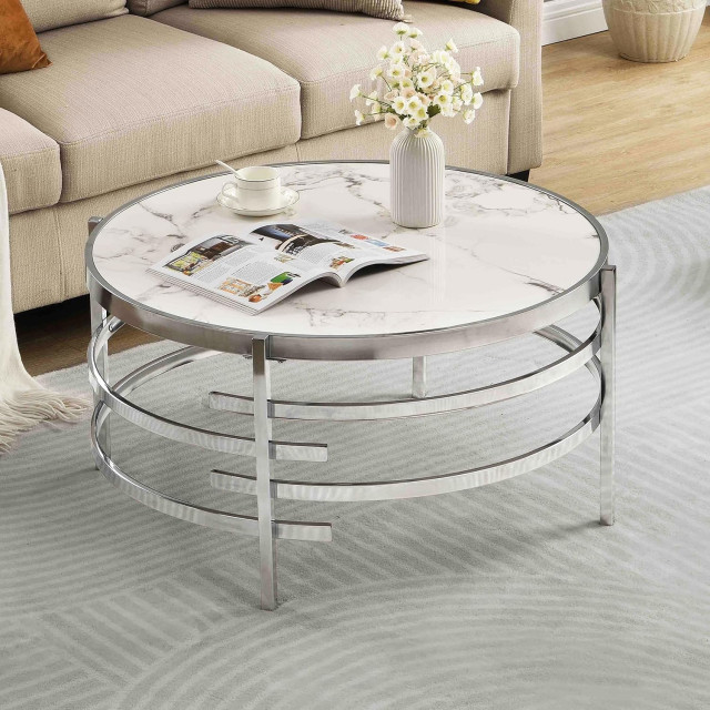 Elegant Coffee Table, Round Accented Open Metal Frame & Faux Marble Top ...