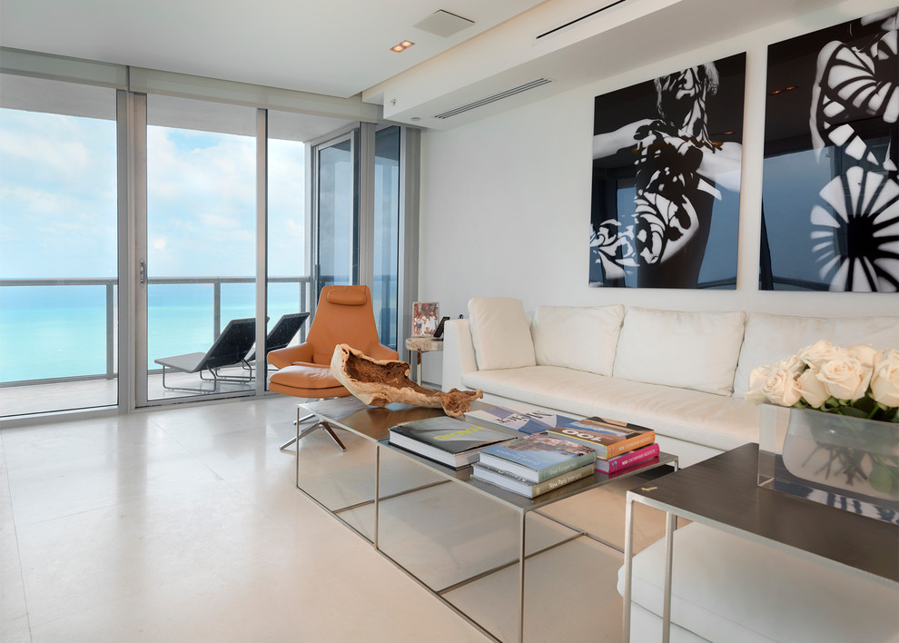 Design ideas for a contemporary living room in Miami with white walls, no fireplace and no tv.
