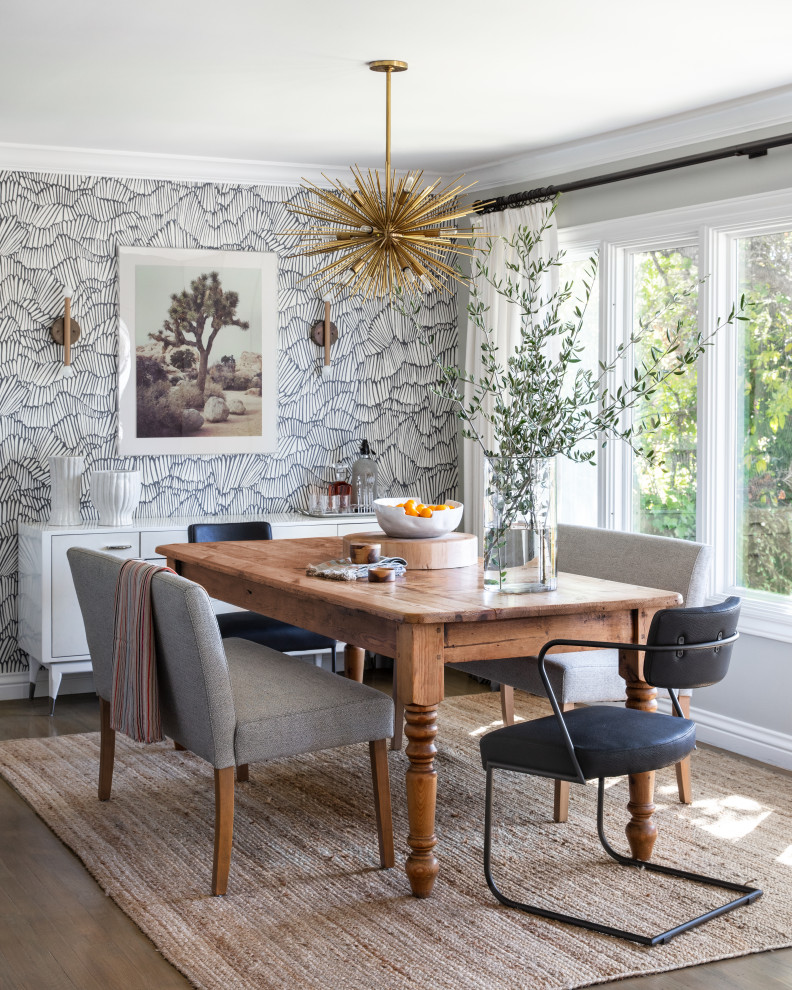 Inspiration for a mid-sized transitional dining room in San Francisco with grey walls, medium hardwood floors, brown floor and wallpaper.