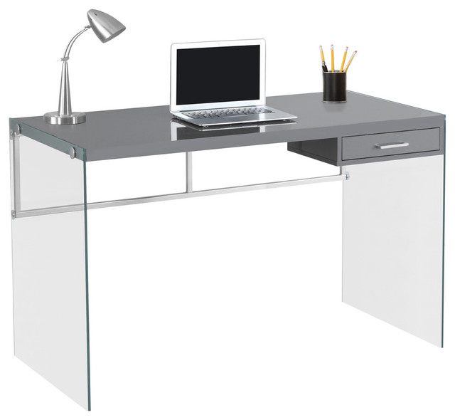 Computer Desk, 48"L, Glossy Gray, Tempered Glass Contemporary Desks