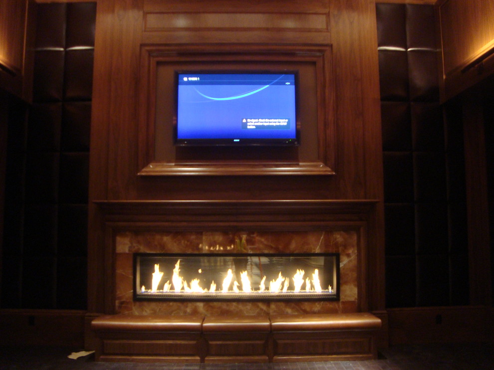 Large linear fireplaces Contemporary Home Theater New York by