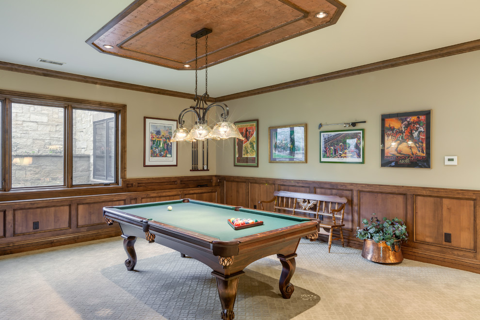 Basement - rustic carpeted basement idea in Denver with beige walls