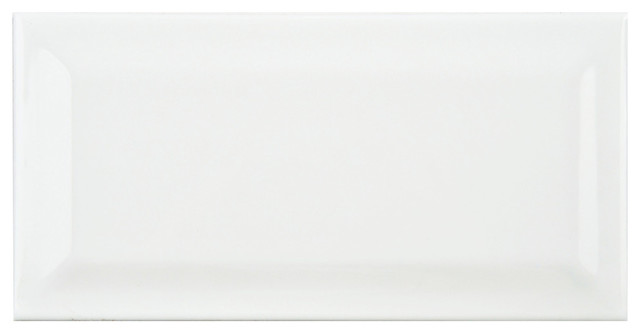 3"x6" Malda Beveled Subway Glossy White Ceramic Wall Tiles, Glossy White