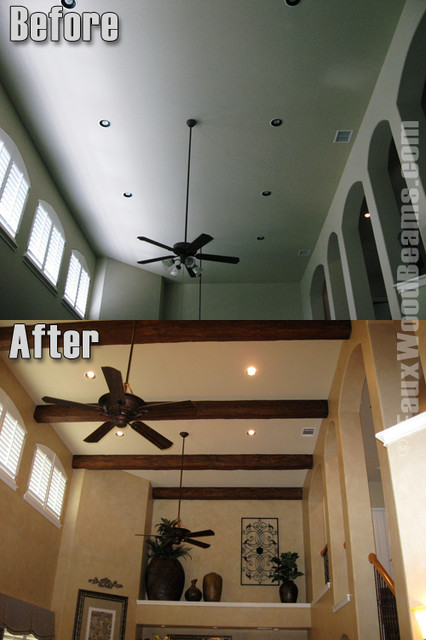 Great Room With Faux Beam Ceiling Transitional Living