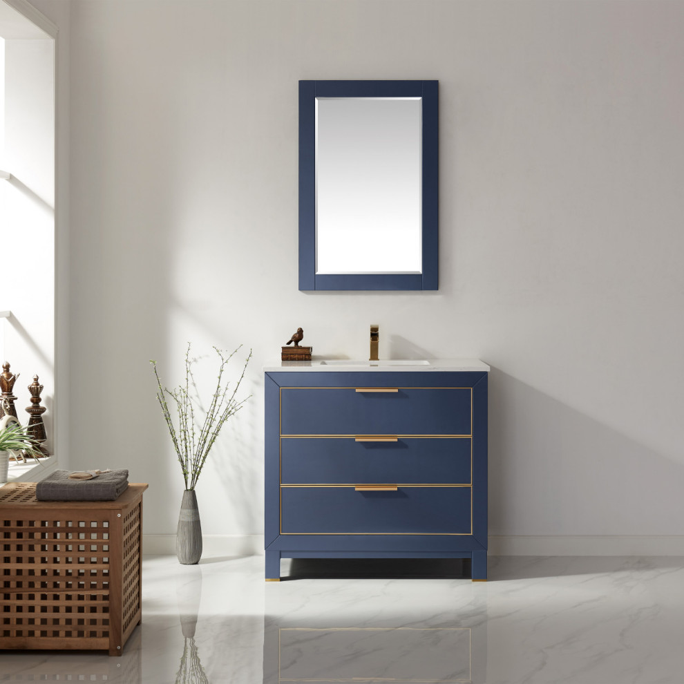Idéer för mellanstora funkis vitt badrum, med blå skåp och marmorbänkskiva