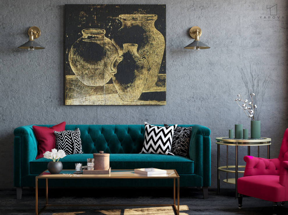 Imagen de sala de estar abierta moderna de tamaño medio con paredes grises, suelo de madera oscura, chimenea lineal, marco de chimenea de metal y suelo negro