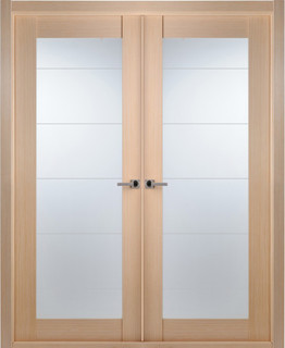 Contemporary Bleached Oak Interior Double Door Lined Frosted Glass ...